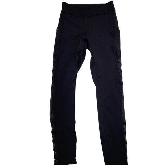 lululemon athletica Pants - Lululemon Black Side Ladder Mesh Leggings Side Pockets Size 6 Yoga Preowned